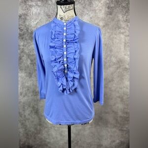 American Living Blue Cotton Ruffle Button Front Top 3/4 Sleeves Size M